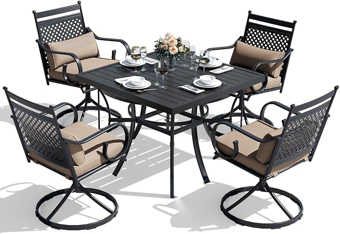MELLCOM 5 Pcs Patio Dining Sets, Outdoor Table Chair Set for 4 with Swivel Rocker Chairs and Square Metal Dining Table, Khaki