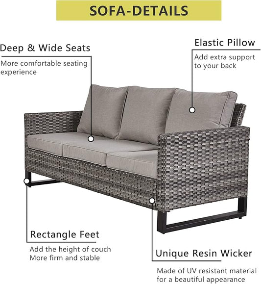 HUMMUH 7 Piece Patio Furniture with Fire Pit 30in 55,000 BTU,PE Wicker Outdoor Conversation Sets - Couch,Patio Chairs and Ottomans,Side Table for Porch,Garden,Backyard