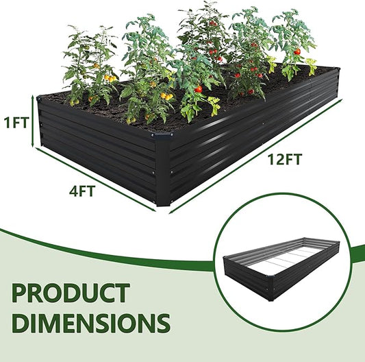 12×4×1FT(2PCS) Galvanized Raised Garden Bed Kit Metal Planter Boxes,Large Outdoor Planters Garden for Planting Vegetables,Flowers,Herbs -Black