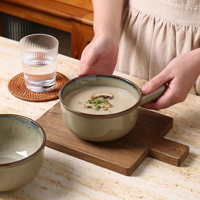 MONITO 26 Oz French Onion Soup Bowls, Ceramic Soup Bowls with Handles, Stackable Soup Crocks, Oven/Microwave/Dishwasher Safe, for Cereal, Soups, Casseroles