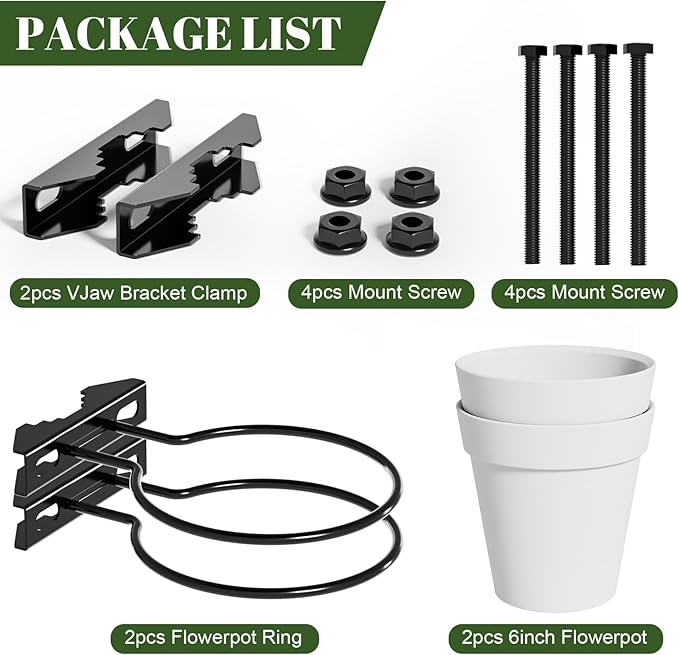 Hanging Flower Pots Holder, 2 Set Deck Railing Plant Container Holder with Pot, Pipe Clip Fence Planters Tray for Indoor & Outdoor Fence Balcony Patio Porch Railing