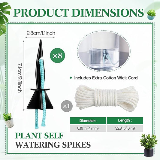 8 Pack Self Watering Spikes for Indoor Outdoor Plants, Automatic Plant Watering Stakes with 32.8ft Capillary Wick Rope, DIY Vacation Waterer for Potted Plant Seedling Garden Pot (Small)
