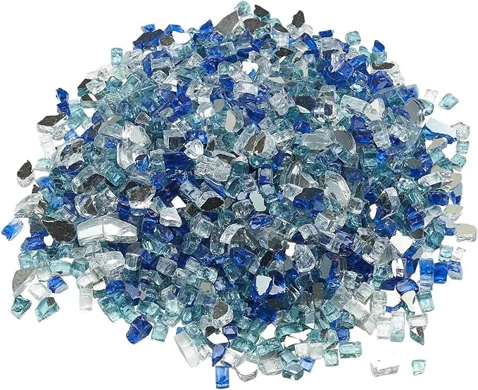 VEVOR Fire Glass, 10 LBS / 4.5 KG Fireplace Rocks, 1/2-Inch / 12.7 mm Reflective Firepit Glass Rock, High Luster & Smokeless Stone Landscaping for Fire Pit Table, Cobalt Blue + Aqua Blue + Clear