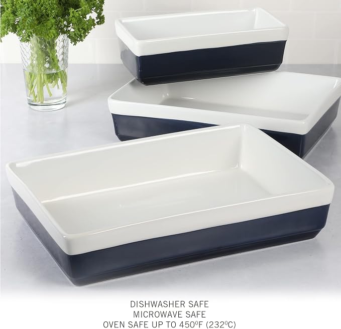 MARTHA STEWART 3-Piece Oven to Table Stoneware Bakeware Set – Baking Dish & Casserole Set – Cobalt Blue – Durable Oven-Safe Bakeware for Baking and Serving