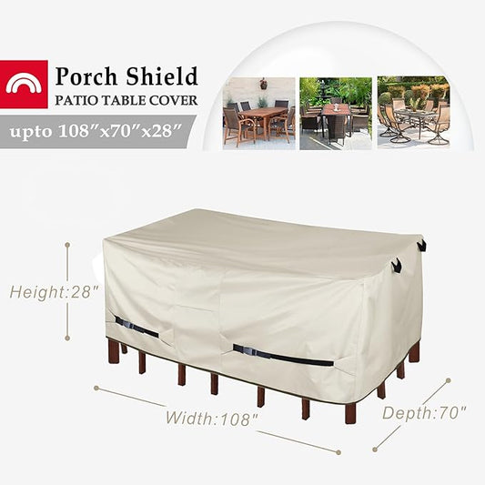 Porch Shield Patio Table Cover - Waterproof Outdoor Dining Table and Chairs Furniture Set Cover Rectangular - 108 x 70 inch, Beige