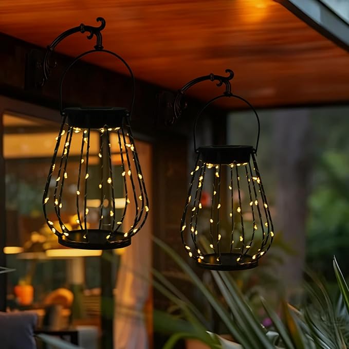 Solar Lanterns Outdoor Hanging, 2 Pack Metal Cage Lanterns with Warm White LED String Lights, Waterproof Solar Powered Decorative Lights for Patio, Garden, Porch, Balcony & Holiday Gifts
