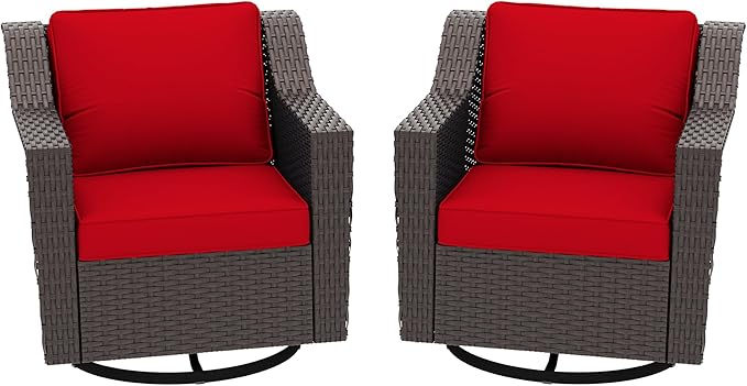 Patio 2 Pieces Wicker Swivel Chairs Set of 2,Outdoor PE Rattan Rocking Glider Armchairs, Water-Resistant Cushions with Removable and Washable Covers, Porch, Balcony, Sunroom (RED)