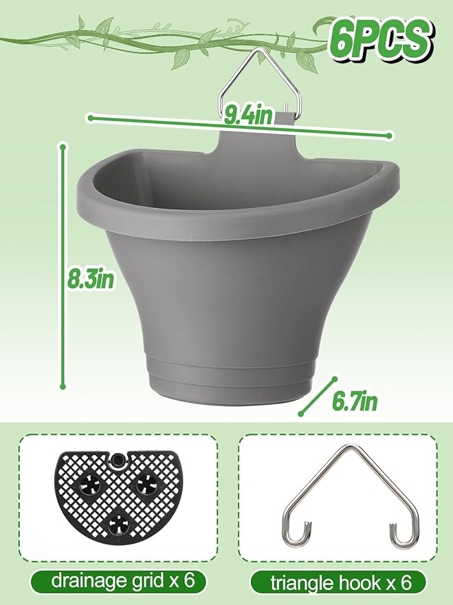 MADHOLLY 6Pcs Vertical Hanging Planters for Outdoor Plants - Wall Plant Holder for Indoor Decorations Garden Fence, Plastic Flower Pots with Drainage Grid and Hooks (Gray)