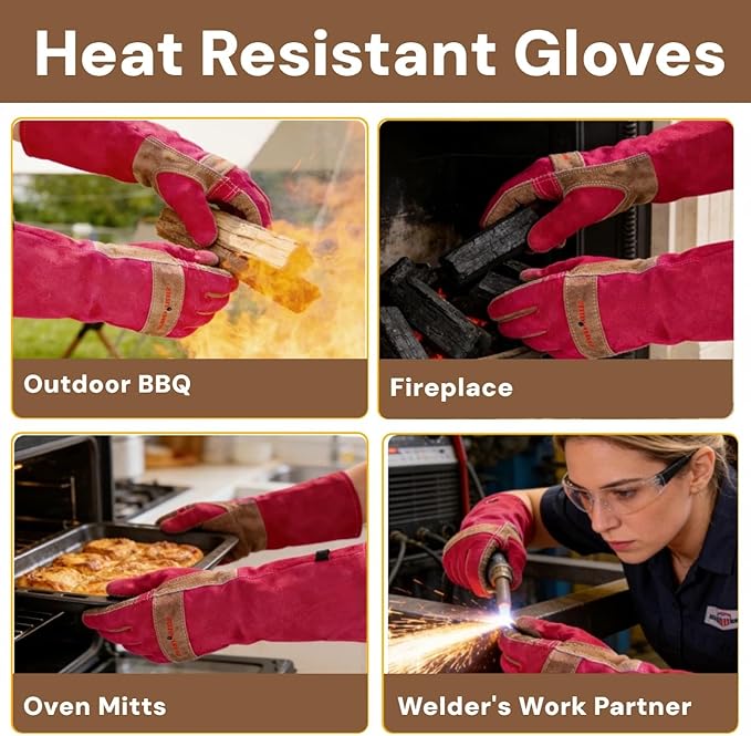 Gardening Gloves for Women, Long Thorn Proof Garden Gloves for Yard Work, Heat Resistant Leather Gloves for Welding, BBQ, Cooking, Fireplace, Chainsaw, Utility, Durable, Rose Red, M