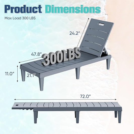 Devoko Outdoor Chaise Lounge Chair Set of 2 with 5-Position Adjustable Back, Waterproof & Lightweight PP Lounge Chairs for Outside Pool Patio (Light Grey)