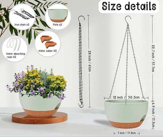 2 Pack 12 Inch Large Hanging Planters with Chains Self Watering Green Brown Plastic Hanging Pots for Indoor Outdoor Plants, Garden Porch Home Decor,Green Brown