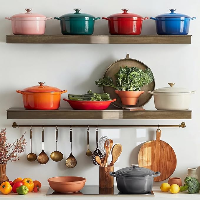 Overmont Enameled Cast Iron Dutch Oven - 5.5QT Pot with Lid Cookbook & Cotton Potholders - Heavy-Duty Cookware for Braising, Stews, Roasting, Bread Baking Bamboo Shadow