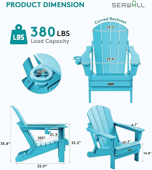 SERWALL Folding Adirondack Chair Weather Resistant Patio Chair with Cup Holder Outdoor Chairs Set of 6 Painted Adirondack Chairs - Light Blue