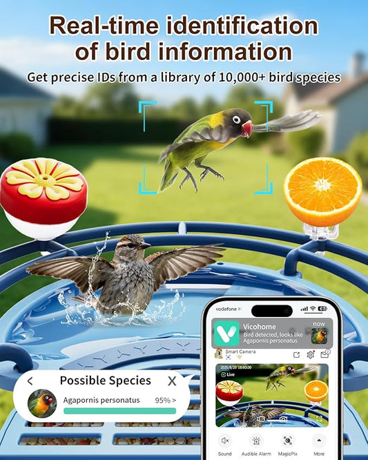 Bird Feeder with Camera, Smart Birdfeeder with Cam Solar Powered, 2K HD Video, AI Identification, Instant Arrival Alerts, IP66 Bird Bath & Feeder,Gift for BirdLover (with BirdBath, Blue)