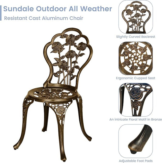 3 Piece Patio Bistro Table Set, Outdoor Stylish Rose Flower Bistro Set with Umbrella Hole, Small Cast Aluminum Table and Chairs Set for Balcony Furniture, Dark Bronze