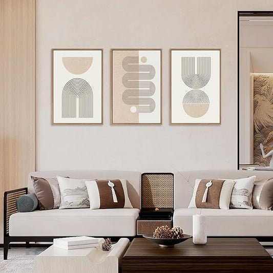 CHDITB Boho Framed Canvas Wall Art Set, Beige Bohemian Line Wall Decor, Mid-Century Modern Wall Painting, Abstract Neutral Geometric Art Print for Living Room, Bedroom, Office - 16"x24"x3