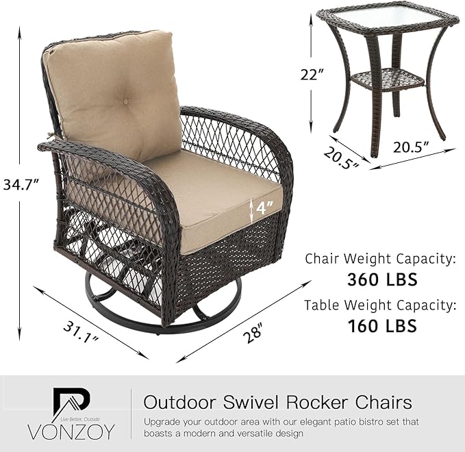 3 Pieces Patio Furniture Set, Outdoor Swivel Glider Rocker, Wicker Patio Bistro Set with Rocking Chair, Thickened Cushions and Table for Porch (Khaki)