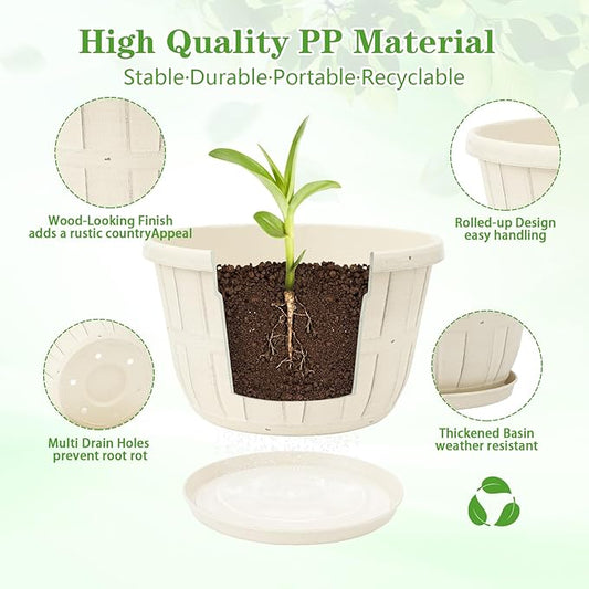 Quarut 14 Inch Plastic-Flower-Pot-for-Indoor-Plants, 4 Pack Large Outdoor Planter Pot with Drainage Holes & Saucers, Resin Decorative Garden Pots Planters(White)