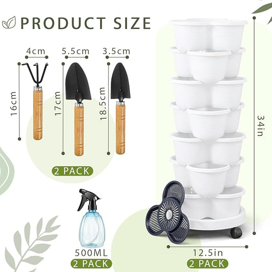 Umigy 2 Set White 7 Tier Stackable Vertical Planters with Removable Wheels and Tools Tower Planters Strawberry Herb Flower Vegetable Pots Indoor Outdoor Gardening Pots