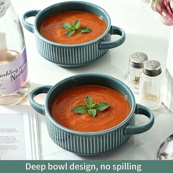 Soup Bowls with Handles, 23 oz French Onion Soup Crocks, Stackable Soup Bowl Oven Safe for Chili, Beef Stew, Embossment Ceramic Bowl Set - 5.4 Inch, Set of 4,Light blue