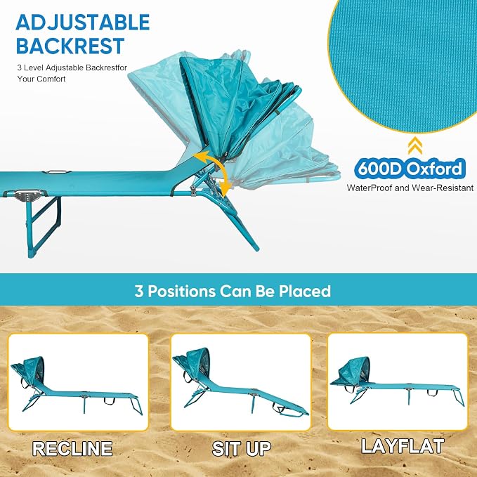 Northroad Beach Lounge Chair with Canopy Shade, Adjustable 4 Position Foldable Tanning Chair, Outdoor Heavy Duty Chaise Lounge Chair, for Poolside Patio Sunbathing Lawn, UPF 50+, Blue