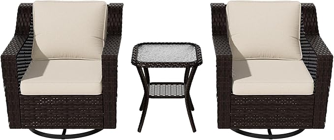 VistaVibe 3 Pieces Outdoor Patio Conversation Furniture Set - 360 Degree Swivel Glider Rocker Chairs | Wicker End Table, Washable Cushions, Hand-Woven PE Rattan, Lawn, Sunroom (Brown/Beige)