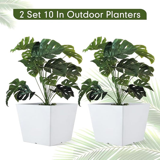 Set of 2 10 Inch Large Taper Planters Outdoor Indoor Tall Resin Flower Pots with Drainage Holes Modern for Front Porch Patio Backyard Plants