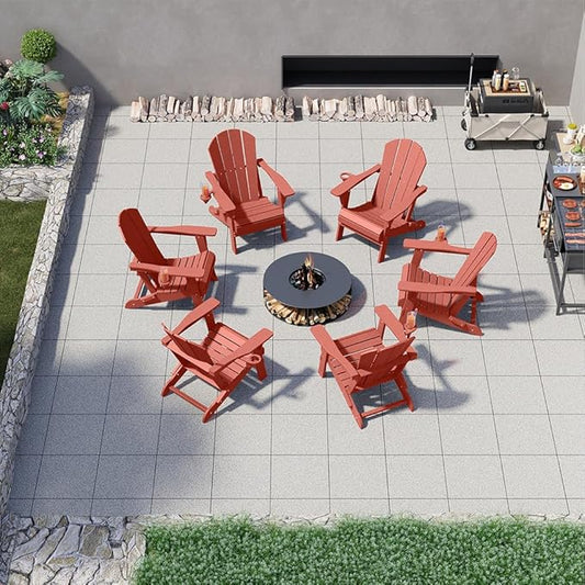 Folding Adirondack Chairs with Cup Holders, Set of 6 HDPE Plastic Outdoor Chairs, Weather Resistant, Real Wood Look, Heavy-Duty Patio Furniture for Deck, Fire Pit, Backyard, Coral