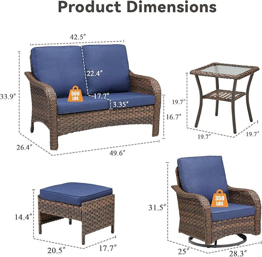 Wicker Patio Furniture Set, 6 Pieces Outdoor Wicker Sofa with Swivel Patio Chairs, Glass Side Table, Ottomans, All Weather High Back Rattan Loveseat Couch with Comfy Cushions, Brown/Blue