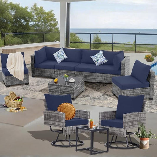 FHFO 10 Pieces Outdoor Patio Furniture Set with Swivel Chairs, Wicker Sectional Sofa Set Rattan Modular Patio Conversation with Cushions Couch & Coffee Table for Garden, Balcony, Porch, Grey-Blue