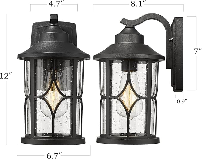 zeyu 2 Pack Outdoor Wall Lights, Exterior Light Fixture for Front Porch House, Die-Cast Aluminum with Seeded Glass, Black Finish, ZX48B-2PK BK