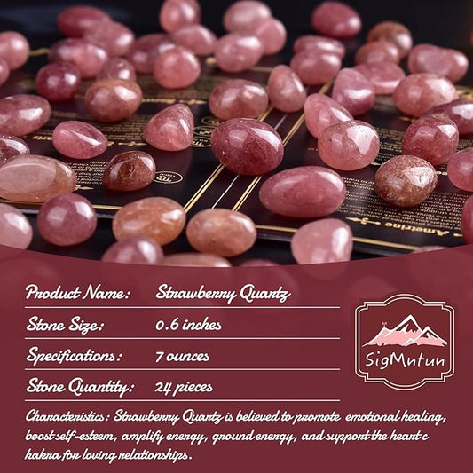 Strawberry Quartz Healing Crystal Stone Set - 24 Pieces, 0.6" Natural & Polished Stones for Healing, Meditation, Reiki, Chakra, Crafting & Decoration