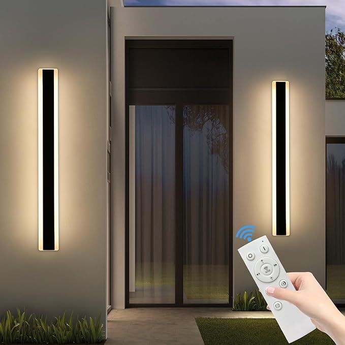 2 Pack 31.4inch Modern Outdoor LED Wall Sconce, Dimmable 3000K-6000K with Remote Control, IP65 Waterproof Black Aluminium Long Exterior Wall Light Fixture for Porch, Patio, Garage, Yard