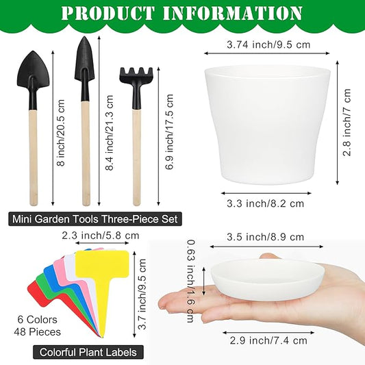 48 Pack Plastic Planters 4 Inch Flower Plant Pots Indoor Set Thickened Seedling Nursery Pots Seed Starting Pots with Drainage Holes Saucers, Mini Garden Tools for Home Office Garden, White