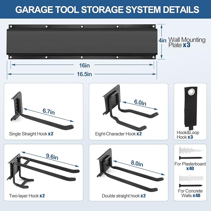 14Pack Garage Tool Organizer Wall Mount, 49.5'' Garage Wall Organizer with 11 Adjustable Hooks, 520lbs Heavy Duty Garage Storage & Organization, Garage Hanging Rack for Garden Yard Tool Shed, Men Gift