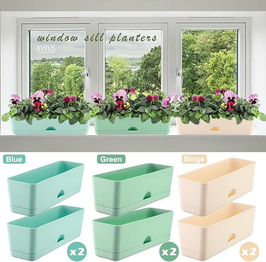 6 Pack Rectangle Planter 16 Inch Window Boxes Planters Rectangular Large Window Sill Planters Indoor Self Watering Plant Pots with Drainage Holes and Saucers Succulent Herb Flower Pots, Macaron Color