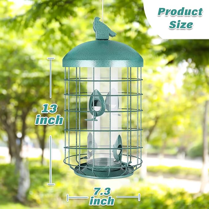 Yinns Caged Bird Feeder for Outside, Large Squirrel Proof Metal Bird Feeders 3 Lbs, Wild Bird Feeder Hanging Outdoors Tube Feeders with 4-Ports, Waterproof (Green)