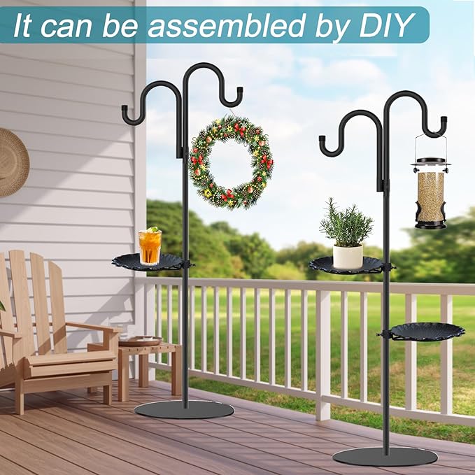 Upgraded 74" Shepherd's Hook Stand plant,Bird Feeder,Wind Chime Hanger Stand, Waterproof Metal & Adjustable-Height Standing Pole Holder for Lantern and Wreath, Indoor & Outdoor(2 Placement Racks)