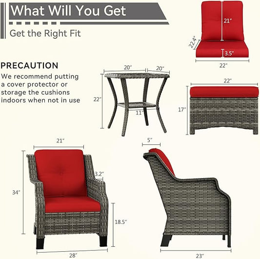 5 Piece Patio Furniture Wicker Conversation Set, 2 Chairs, 2 Ottomans with 1 Side Table, for Outdoors, Backyard, Deck, Red