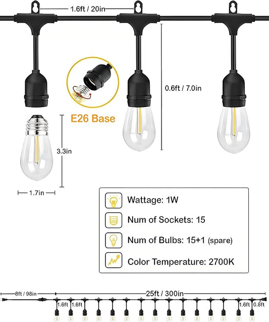 25FT Outdoor String Lights Waterproof with 16 Edison Bulbs 1.6FT Spacing, 120V Patio Lights, LED Hanging Lights for Porch, Balcony, Gazebo, Yard, Garden, Backyard, Camping and Party Decor