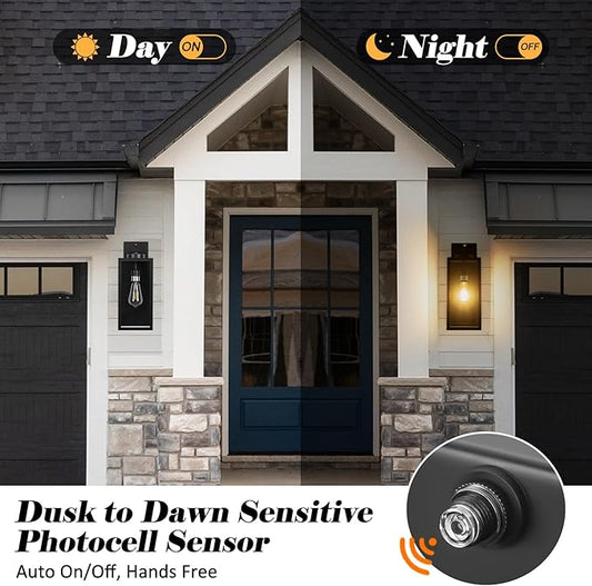 16-inch Dusk to Dawn Outdoor Wall Light Fixture, Large Black Exterior Wall Lantern Waterproof, Farmhouse Porch Sconce Lighting, Modern Wall-Mounted Outside Lights for House Garage, Patio Lamp, 2 Packs