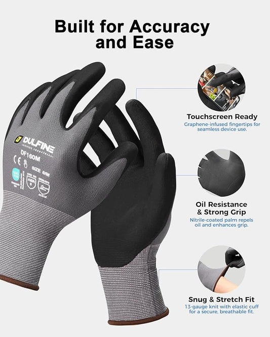 DULFINE Safety Work Gloves MicroFoam Nitrile Coated-3 Pairs Pack,Seamless Knit Nylon Glove with Black Micro-Foam Nitrile Grip,Ideal for General Purpose,Automotive,Home Improvement,Painting(Large)