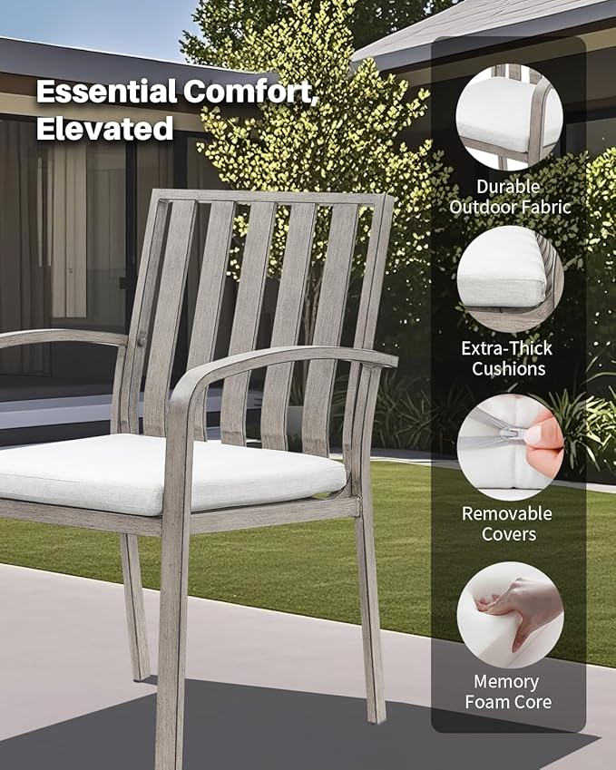 Patio Dining Chairs Set of 2, Aluminum Outdoor Dining Chairs with Thick Cushions, Deep Seating Outdoor Patio Chairs for Table, Sturdy Patio Furniture for Deck, Balcony, Garden, Limed Oak