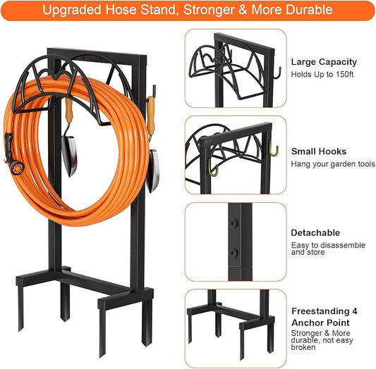 VyGrow Garden Hose Holder, Freestanding Heavy Duty Water Hose Holder for Outside, Upgraded Metal Hose Stand with 4 Spikes, Detachable Garden Hose Storage Hose Reel Rack, Black