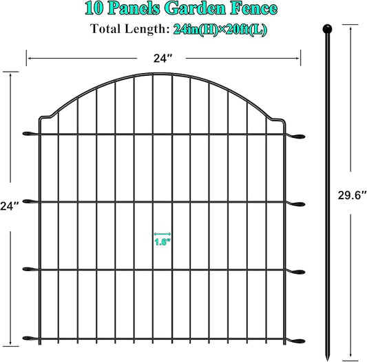 Decorative Garden Fences 24in x 20ft, 10 Pack Outdoor Fencing Animal Barrier Dog Border, Metal Wire Fence Panels for Garden Decor, Flower Bed Edging Borders for No Dig Patio Yard