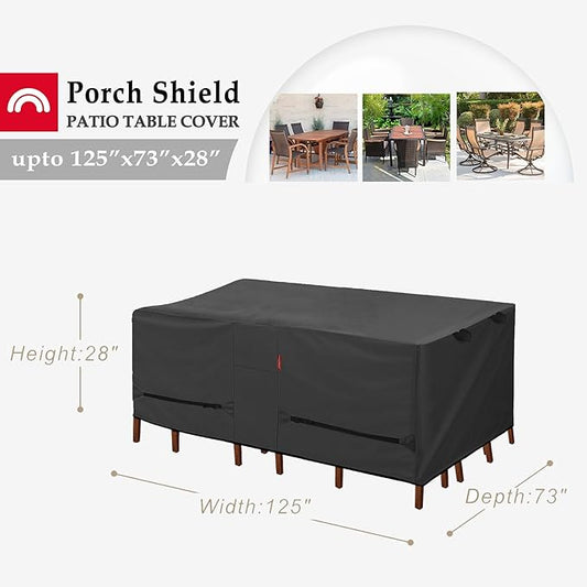 Porch Shield Patio Table Cover - Waterproof Outdoor Dining Table and Chairs Furniture Set Cover Rectangular - 125 x 73 inch, Black