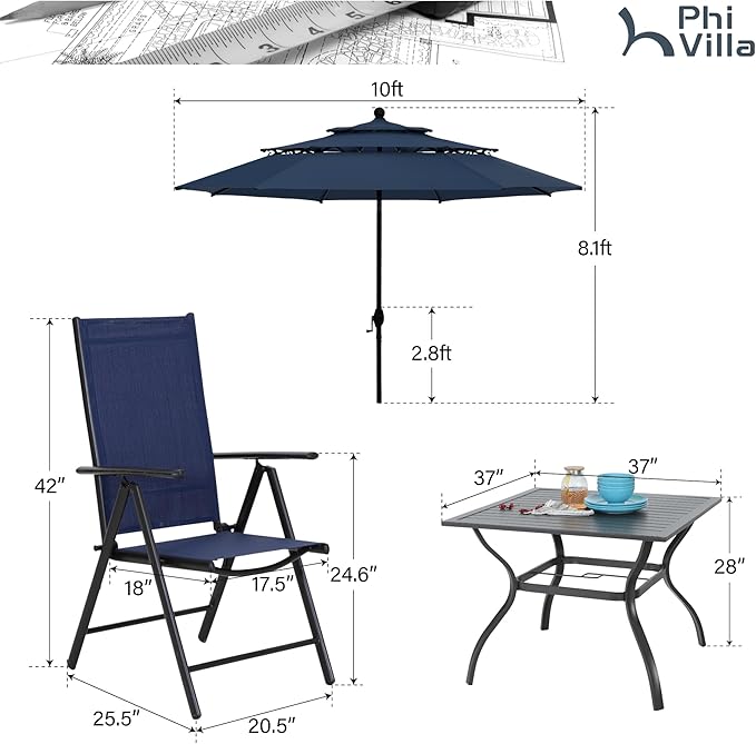 PHI VILLA Outdoor Dining Furniture Set with Umbrella, Patio Dining Set for 4 with Metal Outdoor Table and Chairs, Patio Table Set with Portable Folding Patio Chairs & Patio Umbrella, Blue