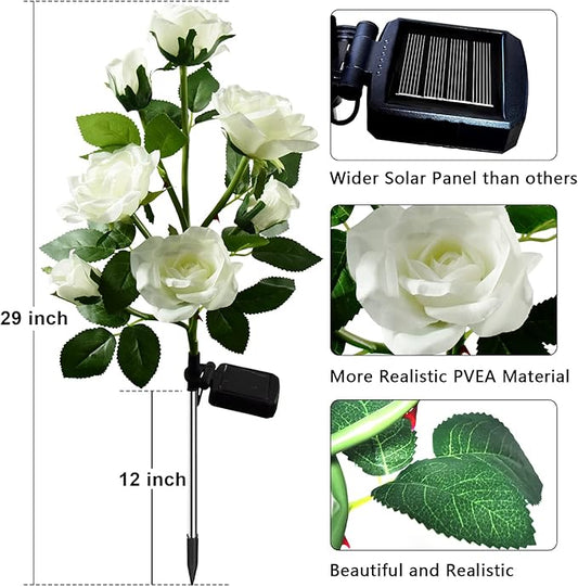 Upgraded 4 Pack White Outdoor Solar Powered 7 Rose Flowers Garden Stake Light, LED Solar Powered Light Decorative Flower Lamp, Waterproof Solar Decorative Light for Garden Yard Patio Pathway Light