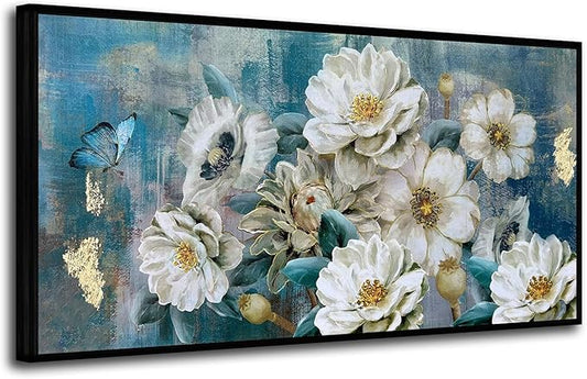 Arjun Black Framed Flower Canvas Wall Art for Living Room White Modern Painting for Bedroom Textured Gold Turquoise Picture Floral Teal Artwork Large Home Office Wall Decor 40"x20"