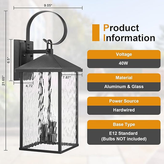 Large Outdoor Wall Lights Fixtures Wall Mount, 21.65" Large Outdoor Lanterns for Porch Light Fixture 2-Light, Modern Exterior Lighting Fixtures with Water Ripple Glass for Outside Patio